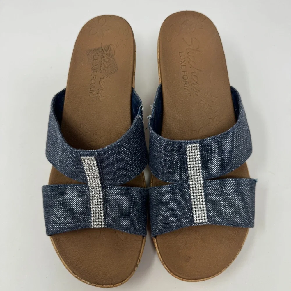 Sketchers Luxe Foam‎ Blue Denim Upper Slide Wedge Sandals 31721 Women's Size 9